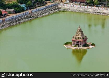 Temple Tank with mandapa of Lord Bhakthavatsaleswarar Temple. Built by Pallava kings in 6th century. Thirukalukundram Thirukkazhukundram, near Chengalpet. Tamil Nadu, India