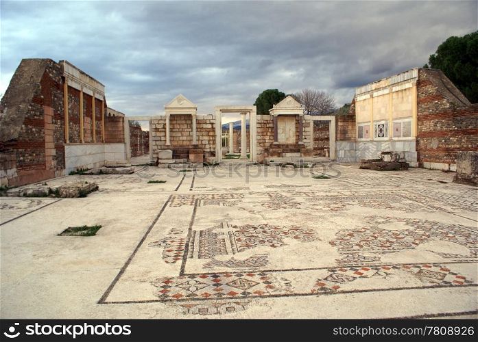 Temple with mosaicon floor in Sardis, Turkey