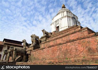 Temple with statues on the durbar in Bhaktapur, Nepal