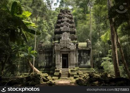 temple, with towering pillars and intricate carvings, in a lush green forest, created with generative ai. temple, with towering pillars and intricate carvings, in a lush green forest