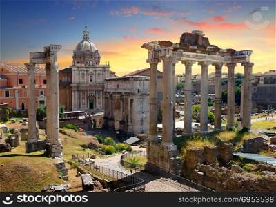 Temples and ruins of Roman Forum at sunset, Italy. Temples and ruins of Roman Forum