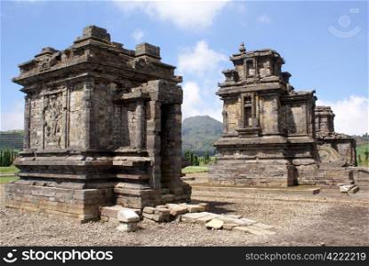Temples in Arjuna complex on plateau Dieng, Java, Indonesia