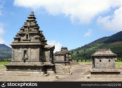 Temples of Arjuna complex on plateau Dieng, Java