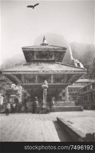 Temples of Durbar Square in Bhaktapur, Kathmandu valey, Nepal . Black and white photography.