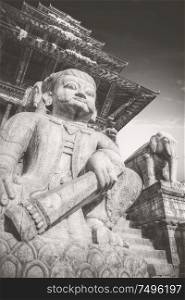 Temples of Durbar Square in Bhaktapur, Kathmandu valey, Nepal. Black and white photography.