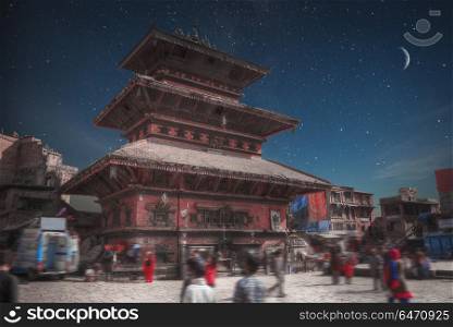 Temples of Durbar Square in Bhaktapur, Kathmandu valey, Nepal. night shining moon and stars. Durbar Square in Bhaktapur