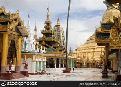 Temples on the way to Shwe Dagon pagoda in Yangon, Myanmar