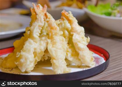 tempura. Japanese Cuisine - Deep Fried Shrimps with Vegetables and noodles