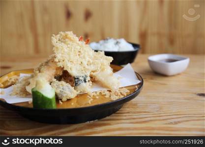Tempura with rice set Japanese Food on wood background