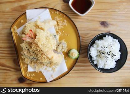 Tempura with rice set Japanese Food on wood background