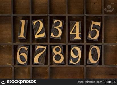 ten arabic numerals from zero to nine, vintage wood letterpress blocks stained by black ink in old typesetter case with dividers, types flipped horizontally