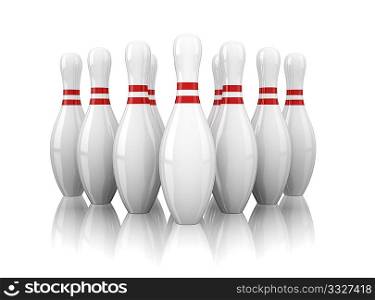 ten bowling pins isolated on white background