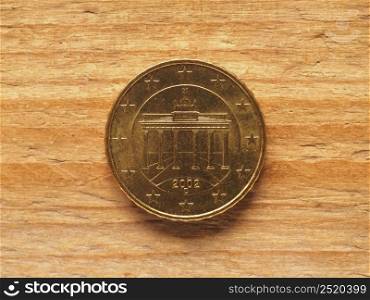 ten cents coin, German side showing Brandenburg Gate, currency of Germany, European Union. 10 cents coin showing Brandenburg Gate, currency of Germany, EU