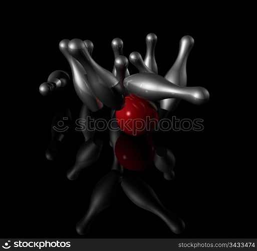 ten metal bowling skittles and red ball on black background - three dimensional illustration. 3D bowling strike