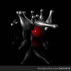 ten metal bowling skittles and red ball on black background - three dimensional illustration. 3D bowling strike