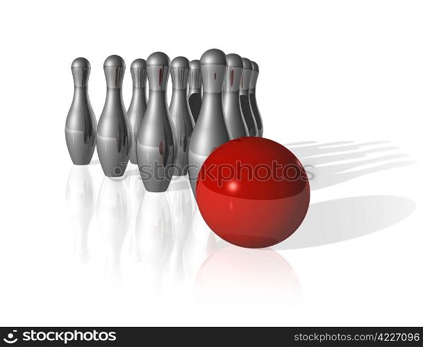 ten metal bowling skittles and red ball on white background - three dimensional illustration. 3D bowling