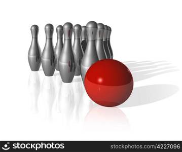ten metal bowling skittles and red ball on white background - three dimensional illustration. 3D bowling