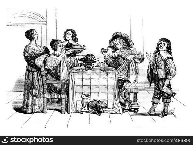 Ten mores of seventh century, Meals and table service, after Abraham Bosse, vintage engraved illustration. Magasin Pittoresque 1836.