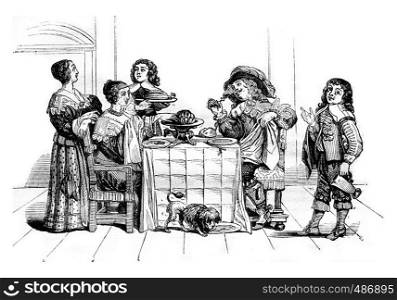 Ten mores of seventh century, Meals and table service, after Abraham Bosse, vintage engraved illustration. Magasin Pittoresque 1836.
