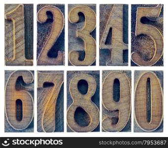 ten numbers from zero to nine in letterpress wood type printing blocks isolated in white