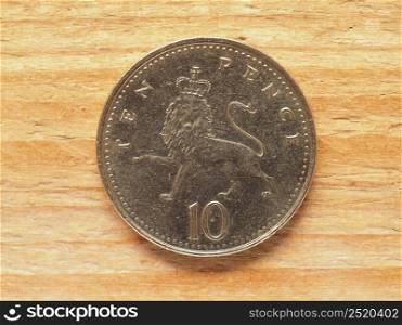 ten pence coin reverse side, currency of the United Kingdom. 10 pence coin, reverse side, currency of the UK