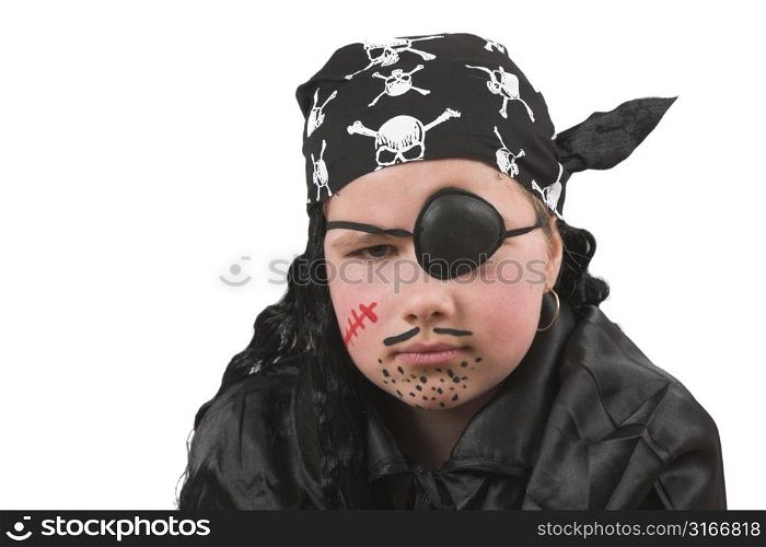 Ten year old girl dressed up for Halloween as pirate