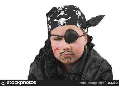 Ten year old girl dressed up for Halloween as pirate