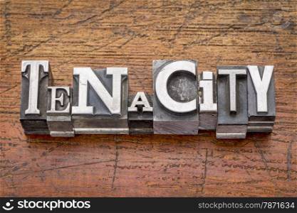 tenacity word in mixed vintage metal type printing blocks over grunge wood