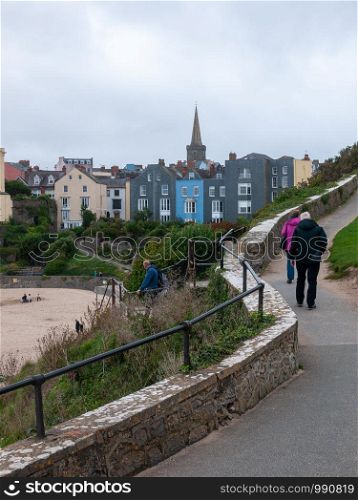 Tenby Wales Beach harbour town outside overcast cloudy day - Wales; UK