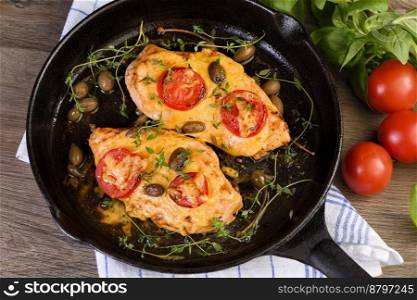 Tender chicken breast baked with tomatoes, capers, herbs under cheese crust in a frying pan