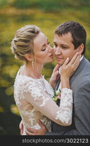 Tender moments of newlyweds.. The young girl hugs the man hands over the cheeks 87.