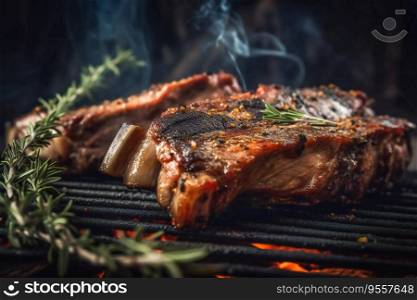 Tender pork ribs grilled to perfection and served with a mouthwatering array of fried vegetables cooked over an open fire. . Generative AI