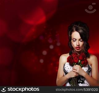 Tenderness. Dreamy Woman with Bouquet of Flowers over Purple Background