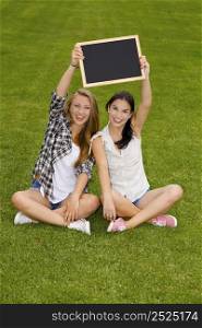 Tennage students sitting on the grass and holding a chalkboard