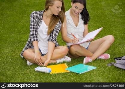 Tennage students sitting on the grass and study together