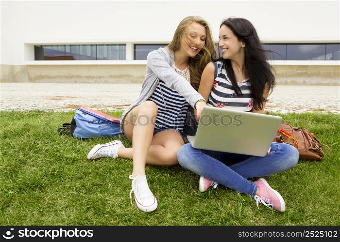 Tennage students sitting on the grass and study together with a laptop