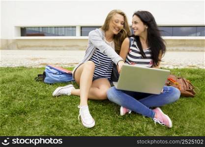 Tennage students sitting on the grass and study together with a laptop