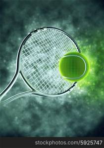 Tennis ball and racket in smoke with bokeh