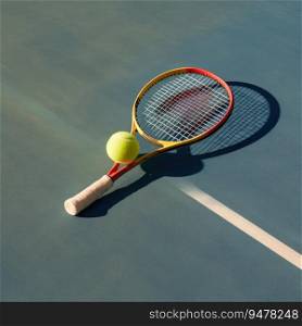 Tennis ball and racket on the tennis court. Generative AI