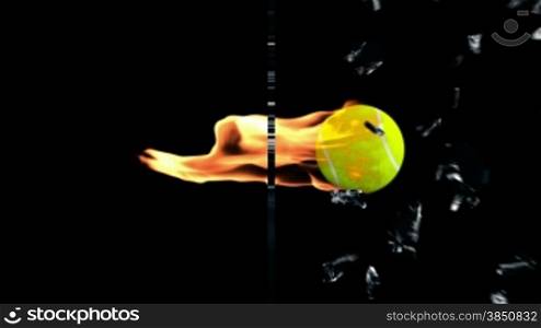 Tennis-Ball on fire breaking glass, side view