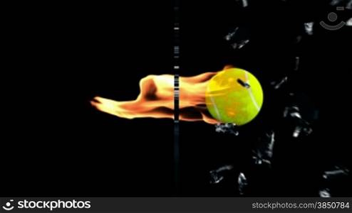 Tennis-Ball on fire breaking glass, side view, Alpha