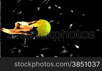 Tennis-Ball on fire breaking glass with Alpha