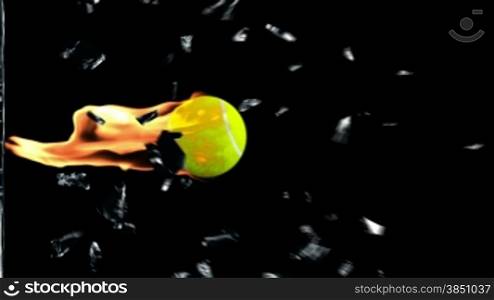 Tennis-Ball on fire breaking glass with Alpha