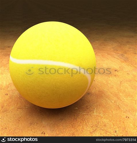 Tennis ball over red clay surface, square image, 3d render