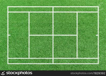 Tennis court with white line pattern. Green artificial grass sports field. Top view.