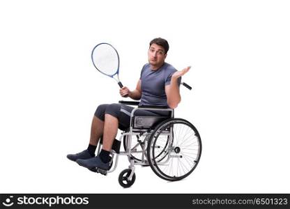 Tennis player recovering from injury on wheelchair