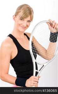 Tennis player woman young smiling holding racket isolated