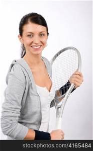Tennis player woman young smiling holding racket isolated