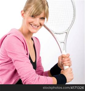 Tennis player woman young smiling serving racket isolated