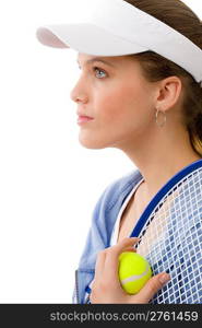 Tennis player - young woman holding racket in fitness outfit